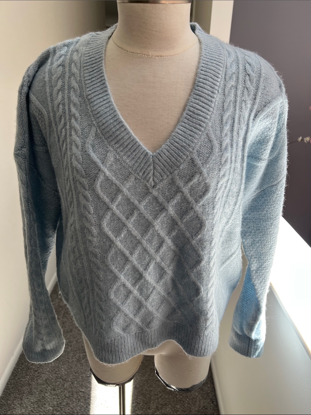 Soft Light Blue Cable Knit V-Neck Sweater